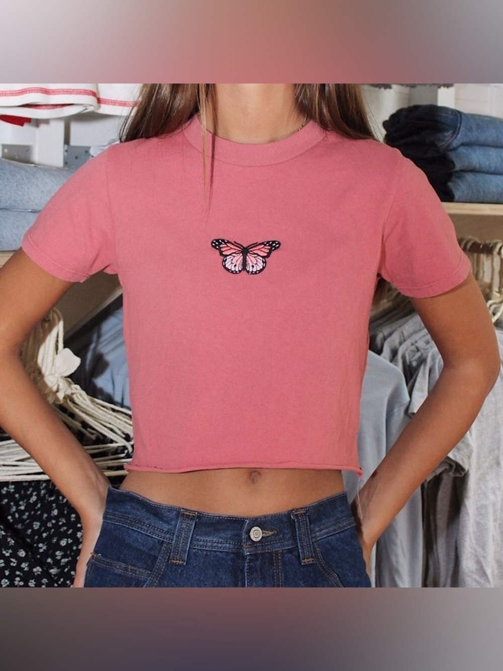 Brandy Melville Dusty Pink Helen Cotton Y2K fairy Embroidered Butterfly top S XS